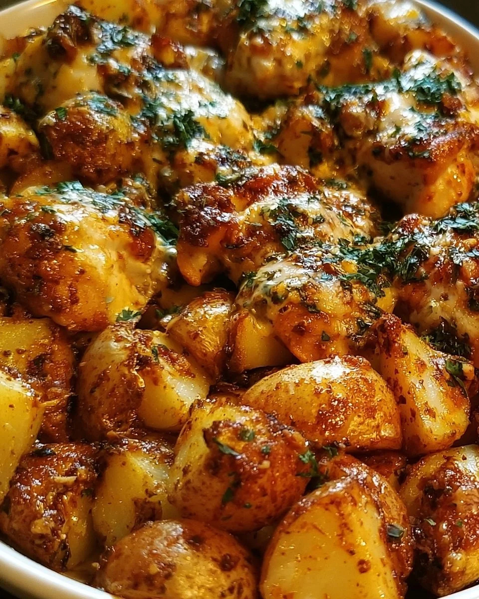 Easy garlic parmesan chicken with potatoes served on a plate