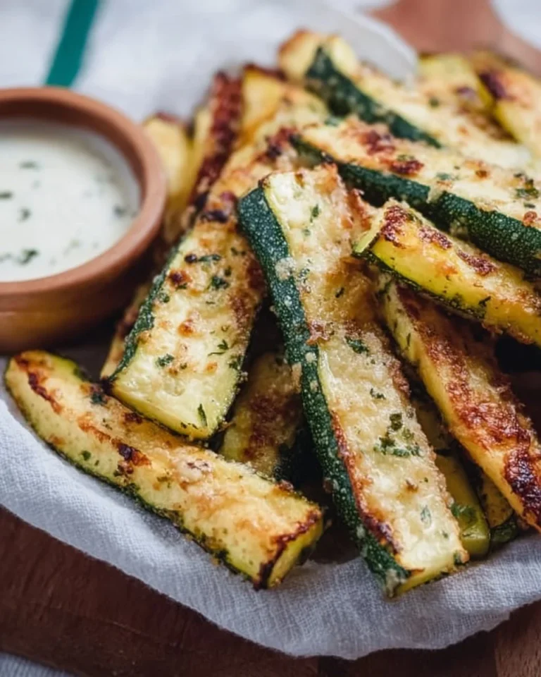 Crispy zucchini fries made in an air fryer, served with dipping sauce.