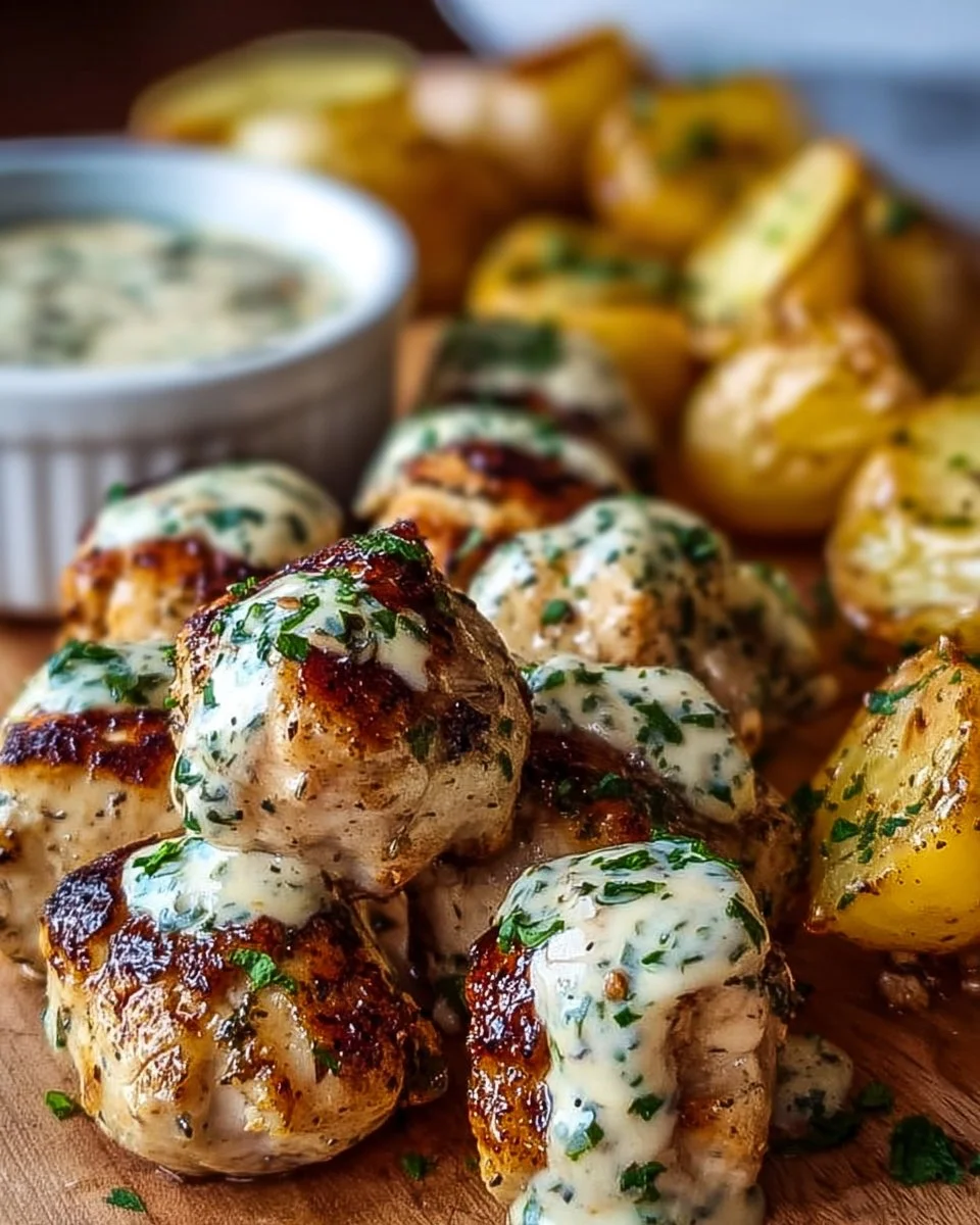 Garlic butter chicken bites garnished with fresh herbs on a plate.
