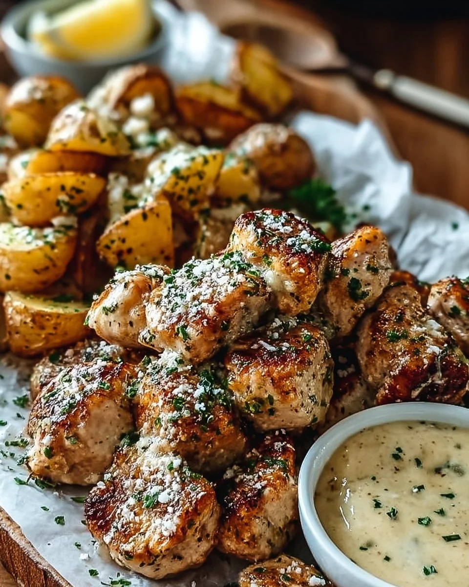 Garlic Butter Chicken Bites with Parmesan Cream Sauce & Cheesy Roasted Potatoes
