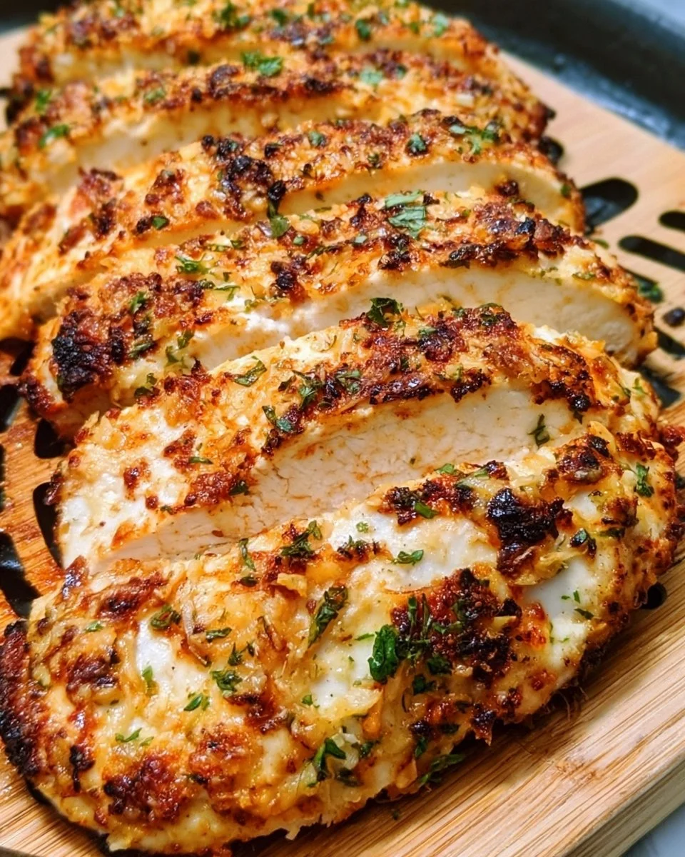 Crispy Garlic Parmesan Chicken cooked in an air fryer, garnished with parsley.