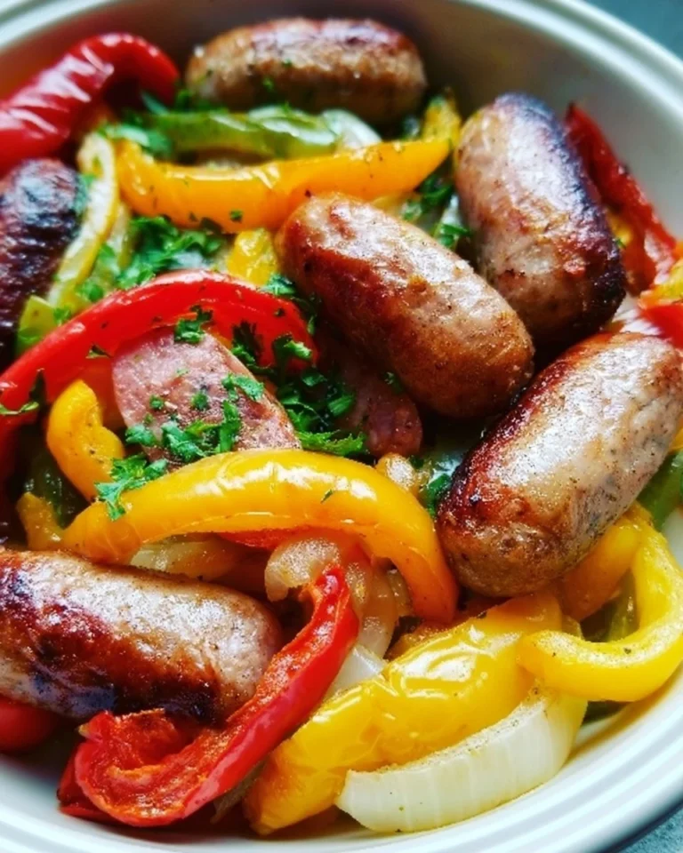 Healthy air fryer sausage served with colorful peppers in a bowl