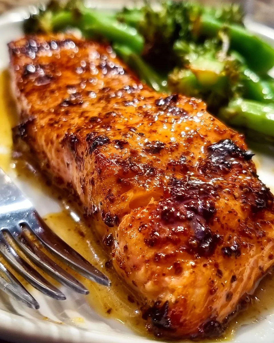Delicious honey mustard salmon on a plate with vegetables