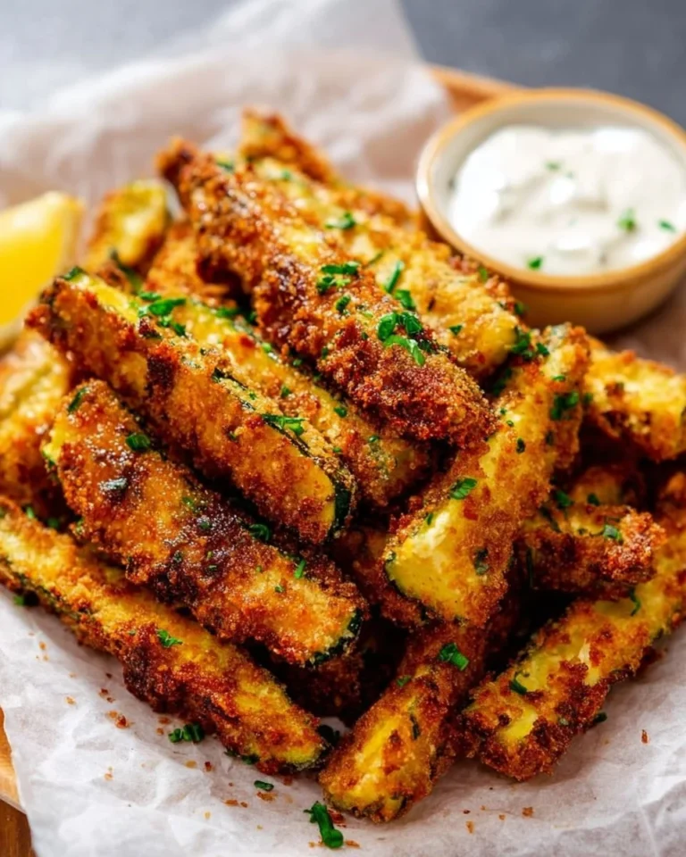 Crispy Keto Zucchini Fries served on a plate with dipping sauce