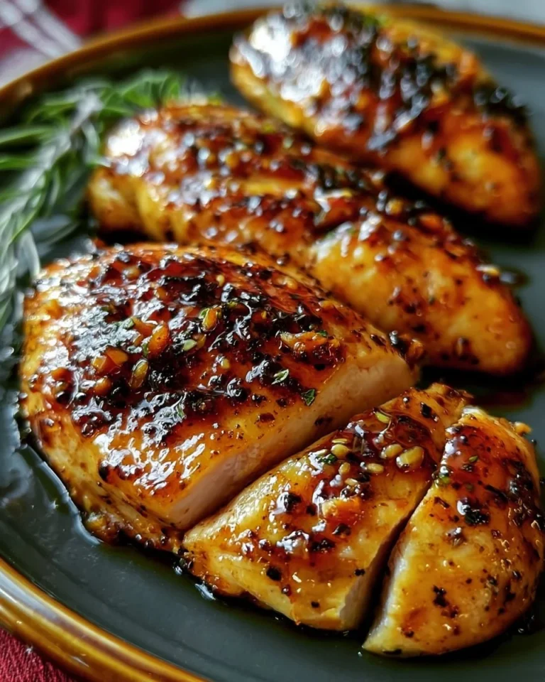 Air fryer honey garlic chicken breast served on a plate with vegetables.