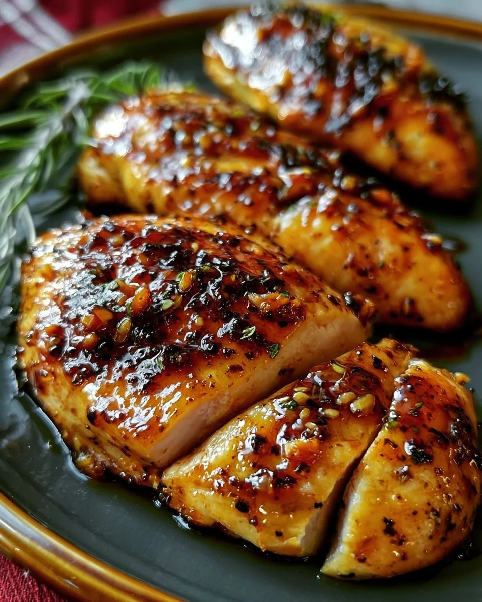 Air fryer honey garlic chicken breast served on a plate with vegetables.