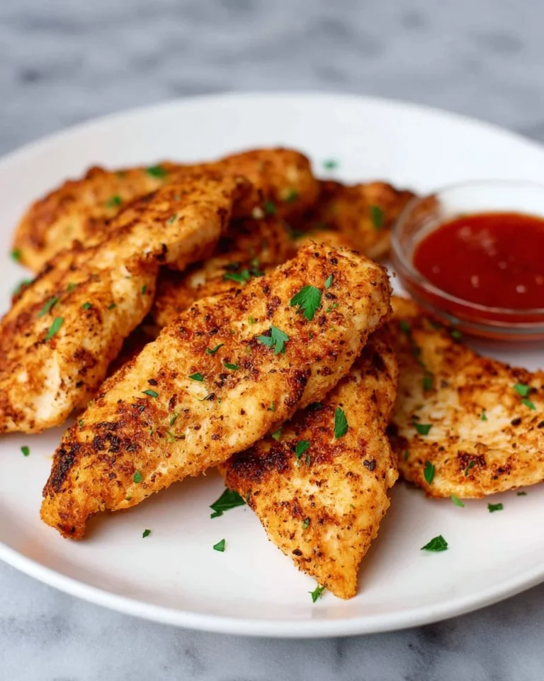Delicious no breading chicken strips served on a plate