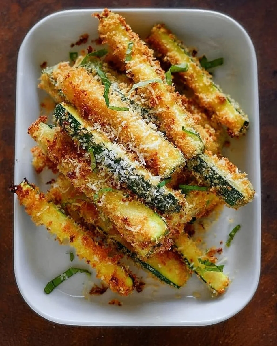 Crispy Parmesan Zucchini Fries served on a plate with dipping sauce