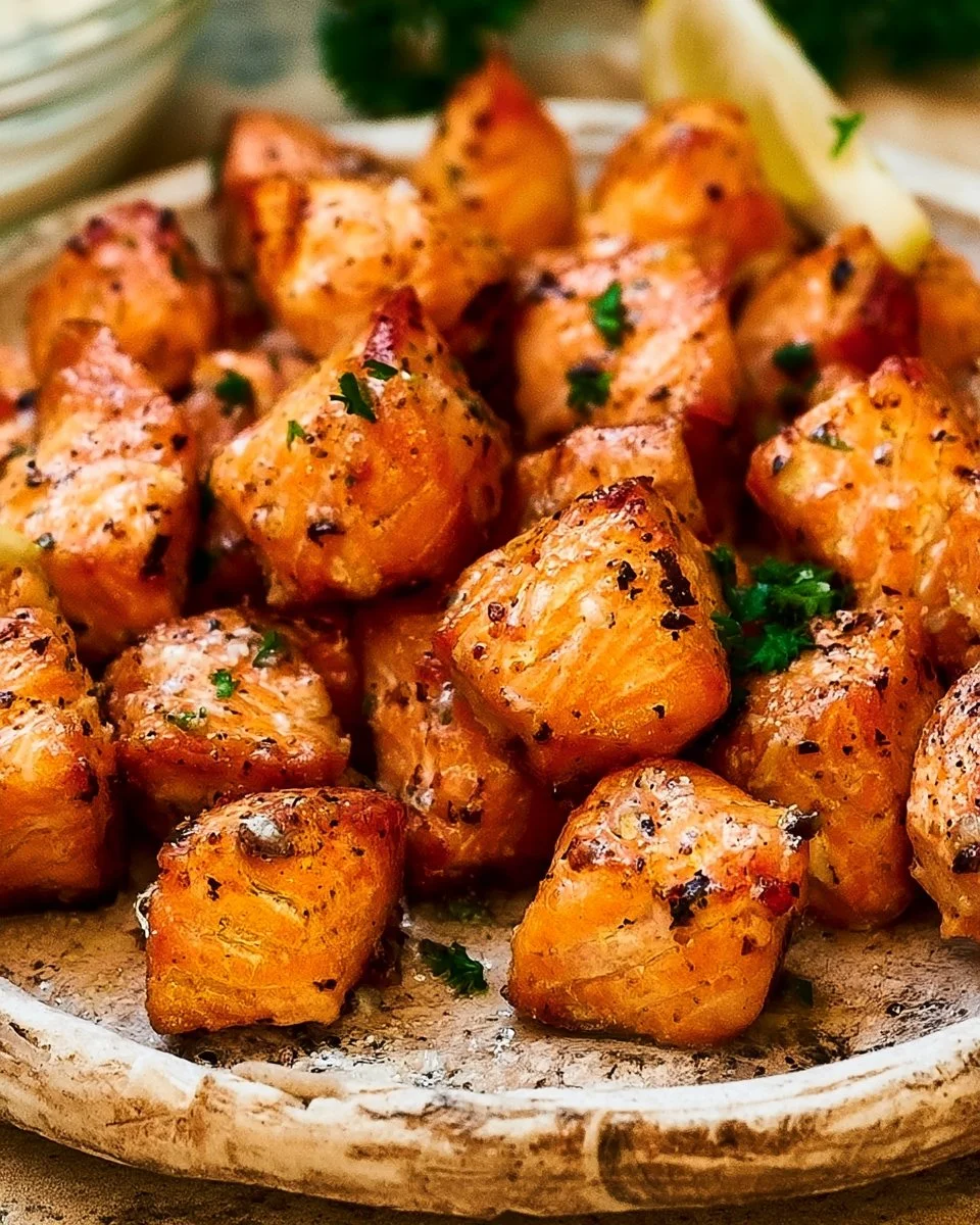 Air Fryer Salmon Bites with Lemon Garlic Butter Sauce