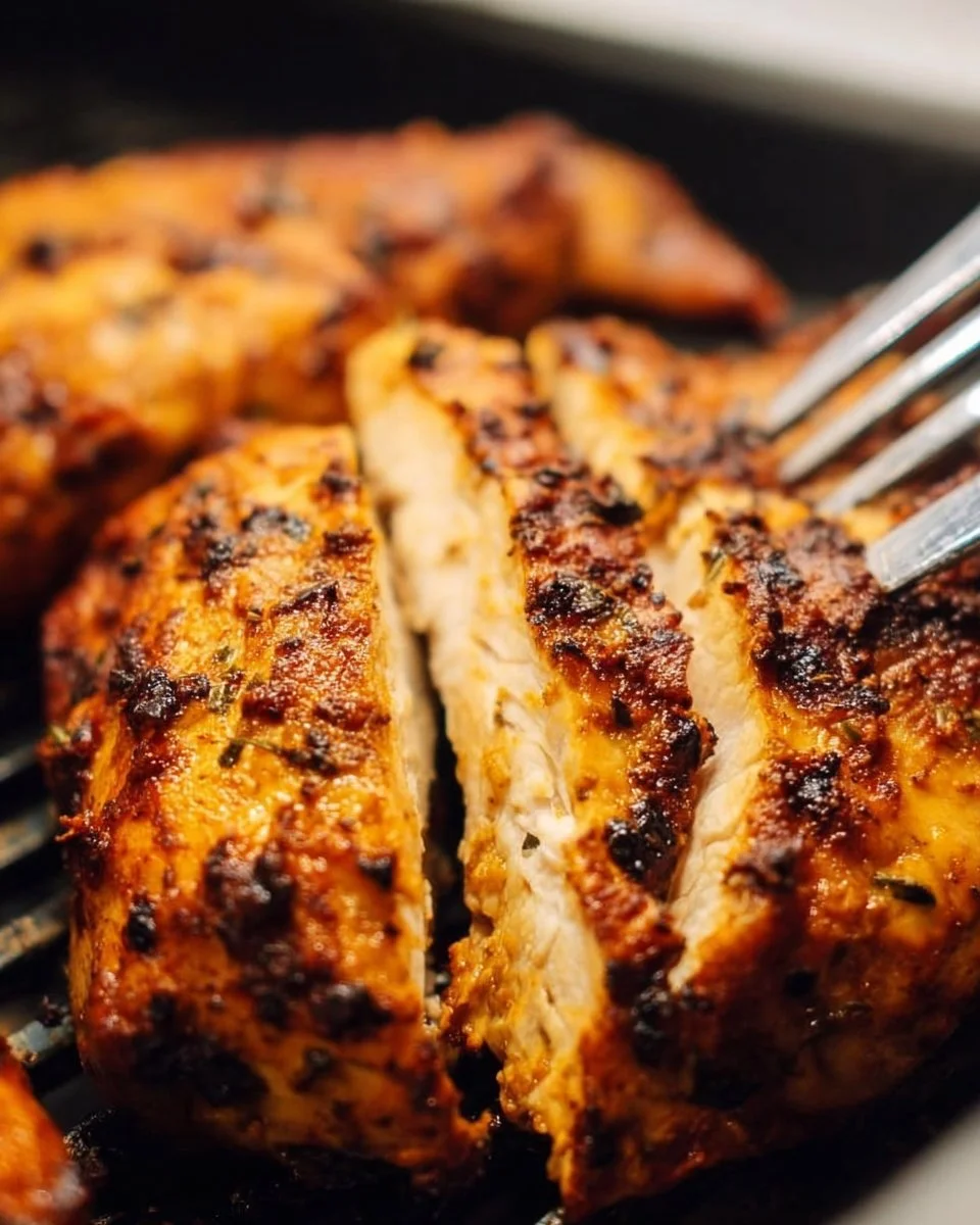 Super tender air fryer grilled chicken served on a plate with herbs