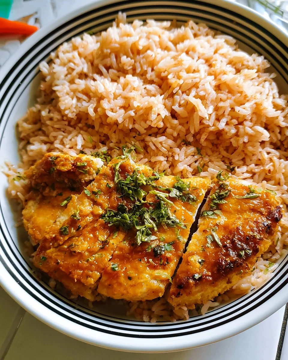 Air fried chicken cutlet served with rice on a plate