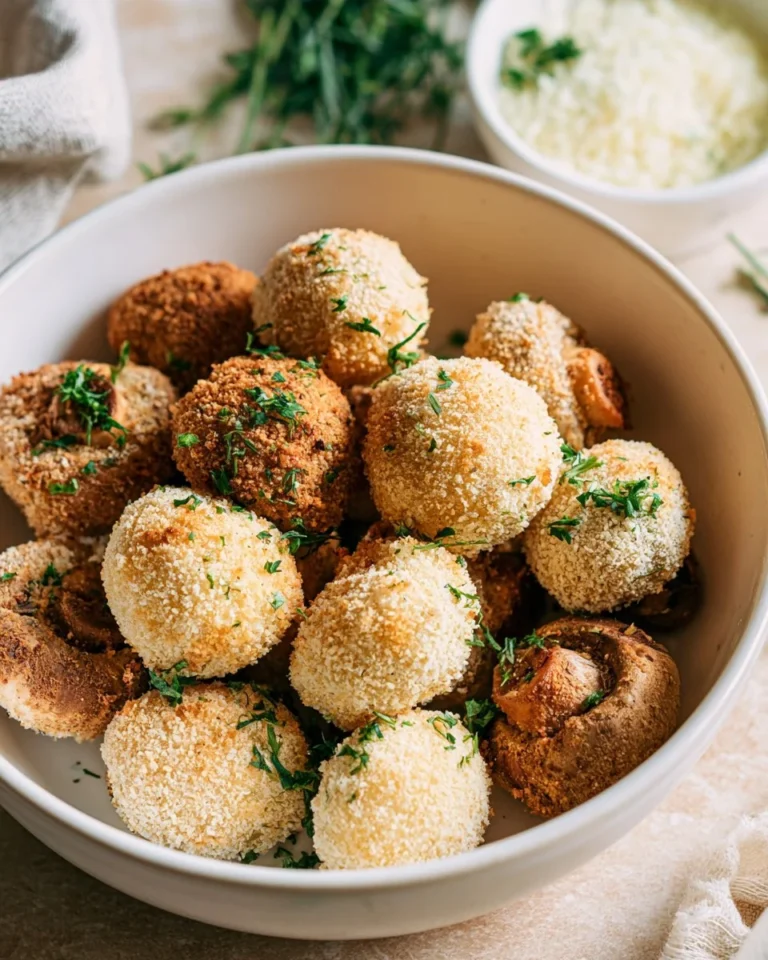 Crispy air fryer breaded mushrooms served on a plate