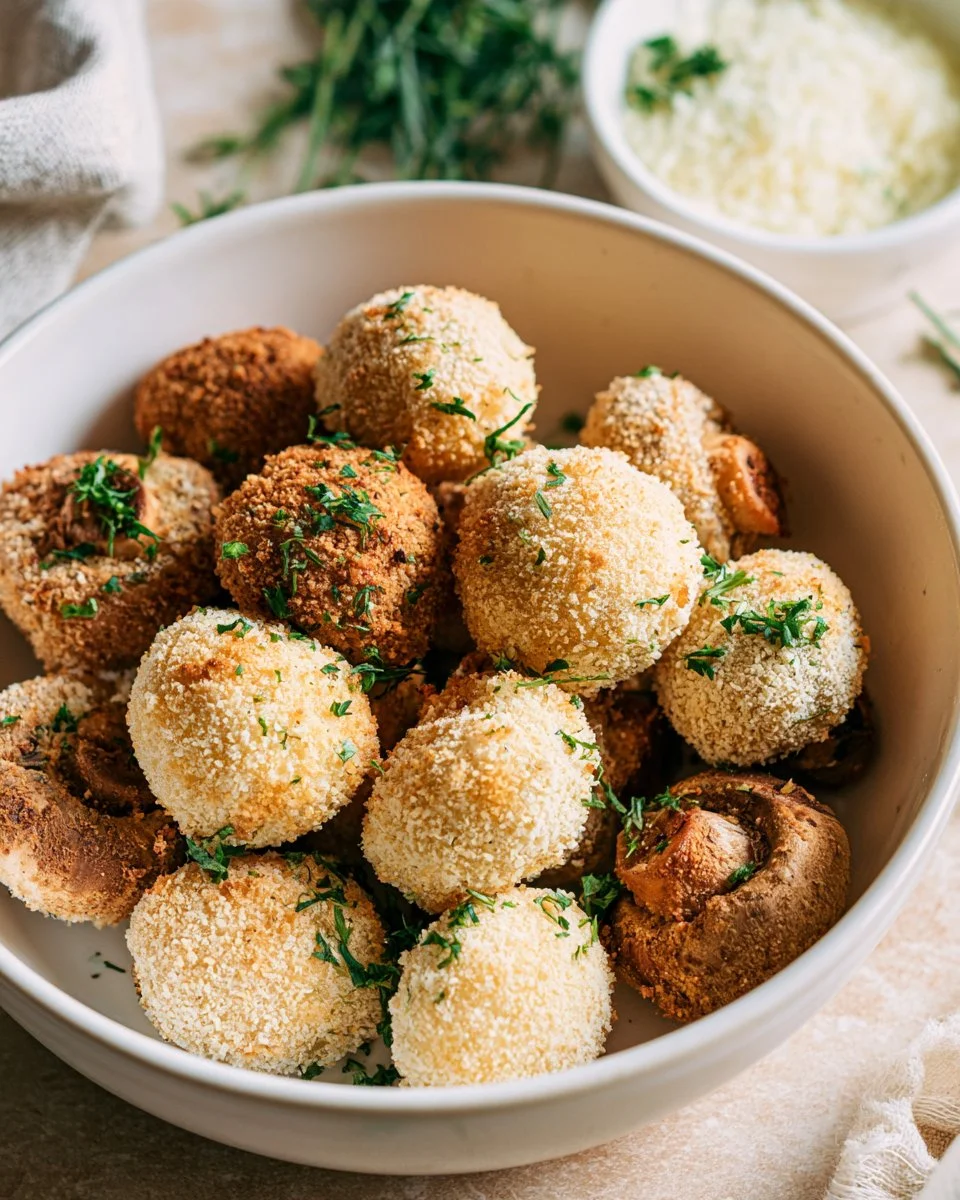 Crispy air fryer breaded mushrooms served on a plate