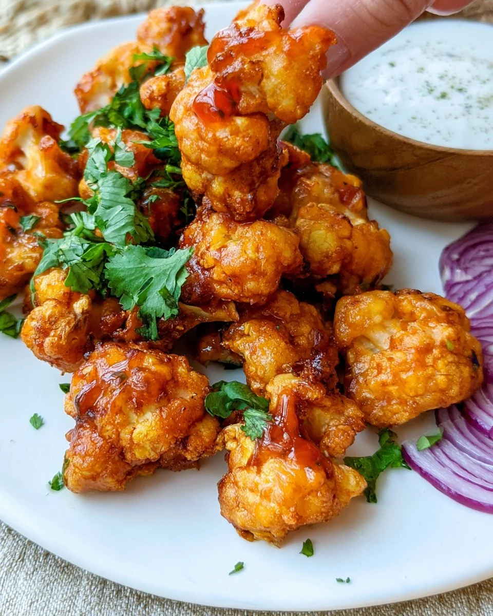 Air fryer cauliflower wings drizzled with honey sriracha sauce on a plate