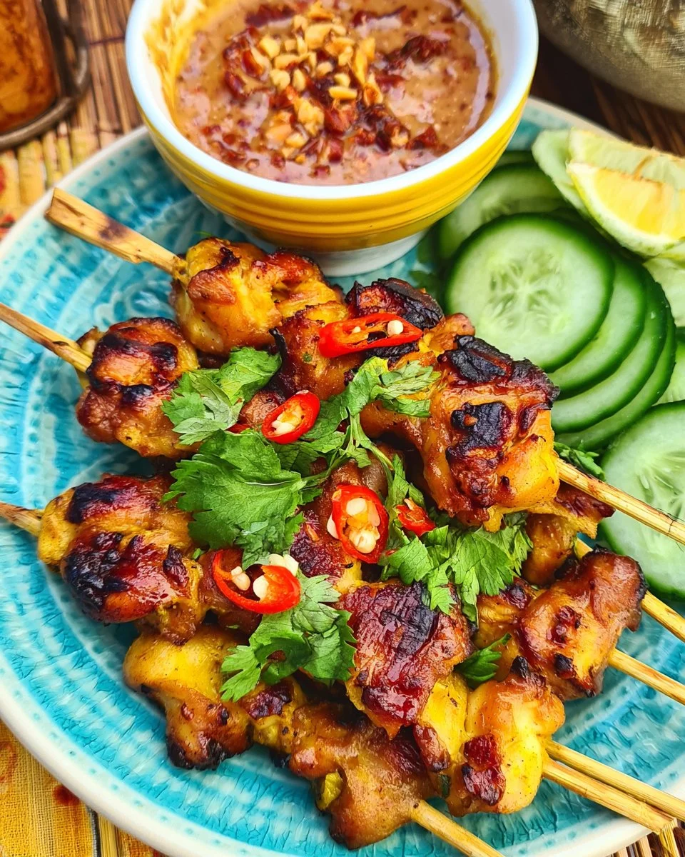 Air Fryer Chicken Satay served with peanut sauce and fresh vegetables