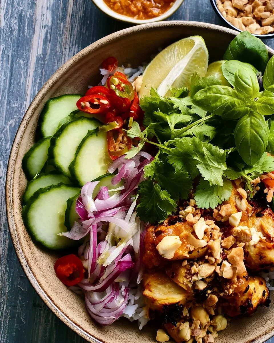 Delicious air-fryer chicken satay bowl with peanut crunch topping.