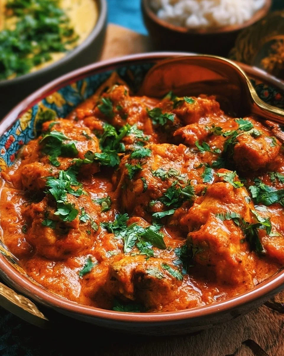 Delicious Air Fryer Chicken Tikka Masala served with rice and naan