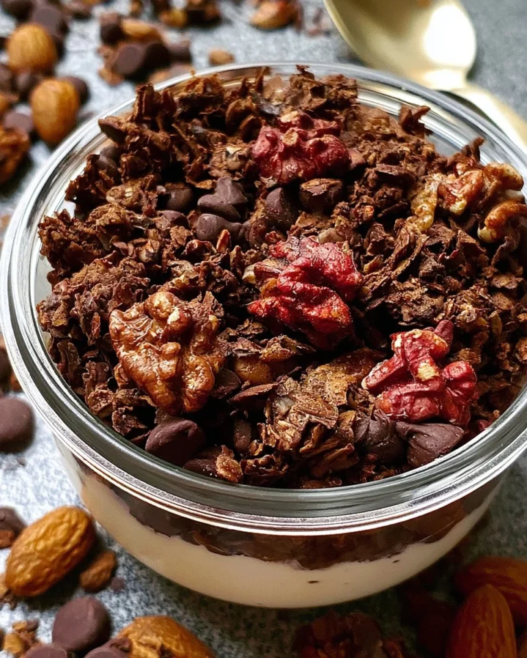 Delicious air fryer chocolate nut granola served in a bowl with nuts and chocolate pieces.
