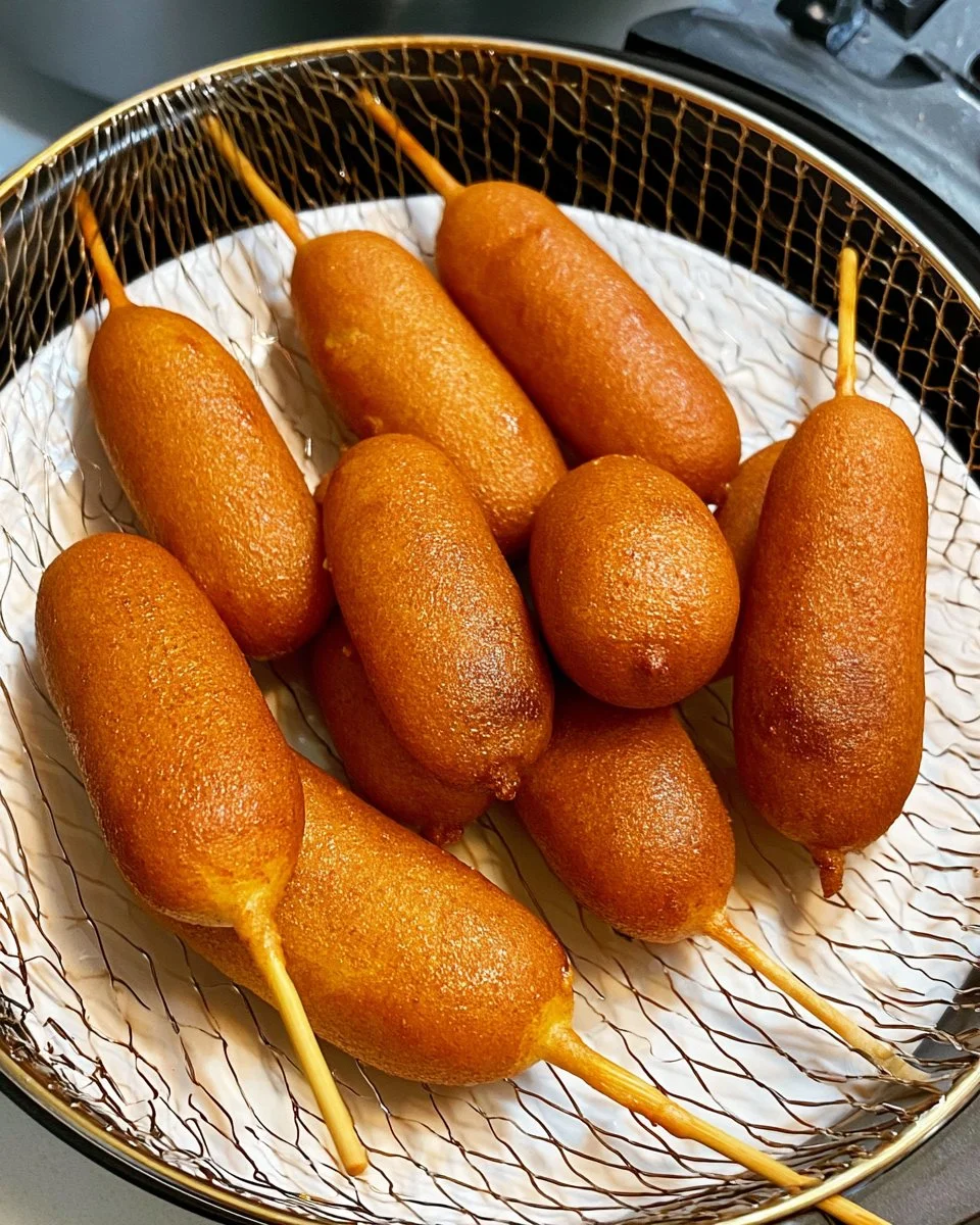 Delicious air fryer corn dogs ready to eat, served with mustard and ketchup.