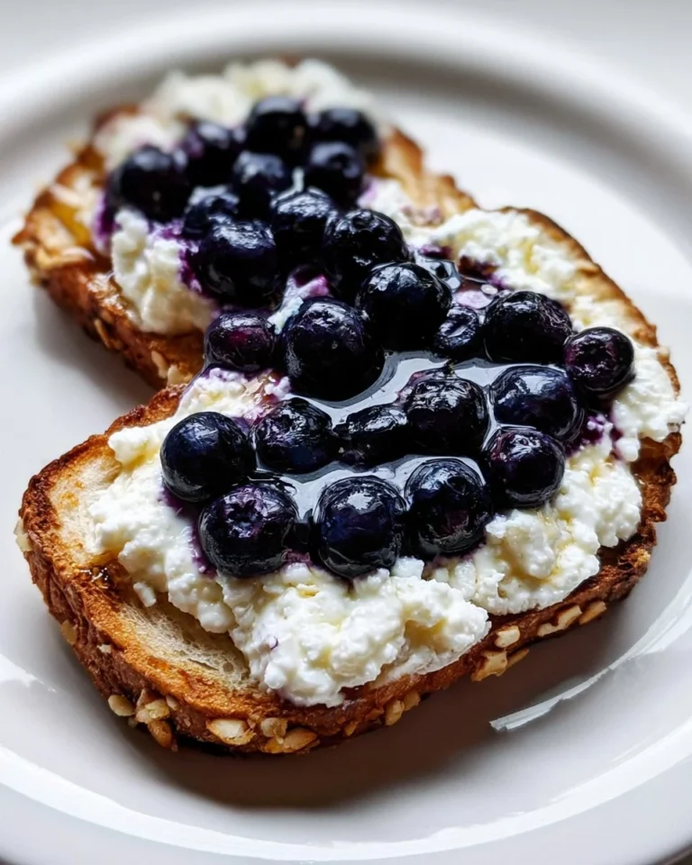 Air fryer cottage cheese toast topped with fresh blueberries and honey