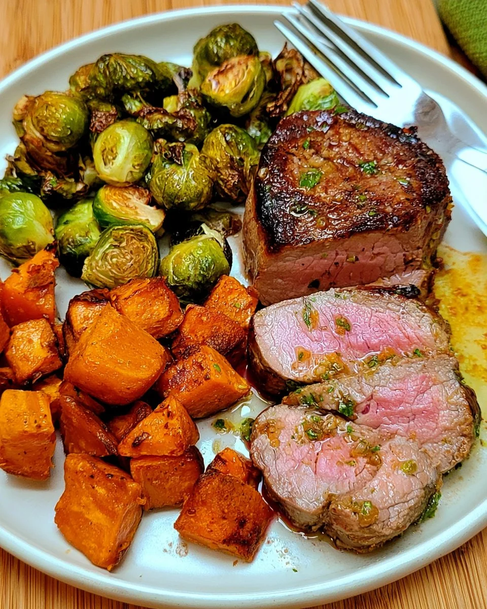 Air fryer filet mignon served with roasted Brussels sprouts on a plate