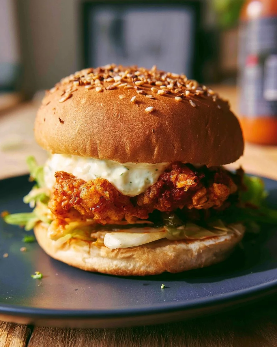 Air Fryer Nashville Fried Chicken Burger on a bun with crispy lettuce and pickles