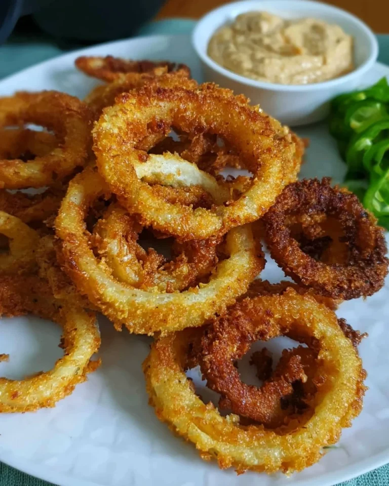 Air fryer onion rings served on a plate, golden and crispy for a tasty snack.