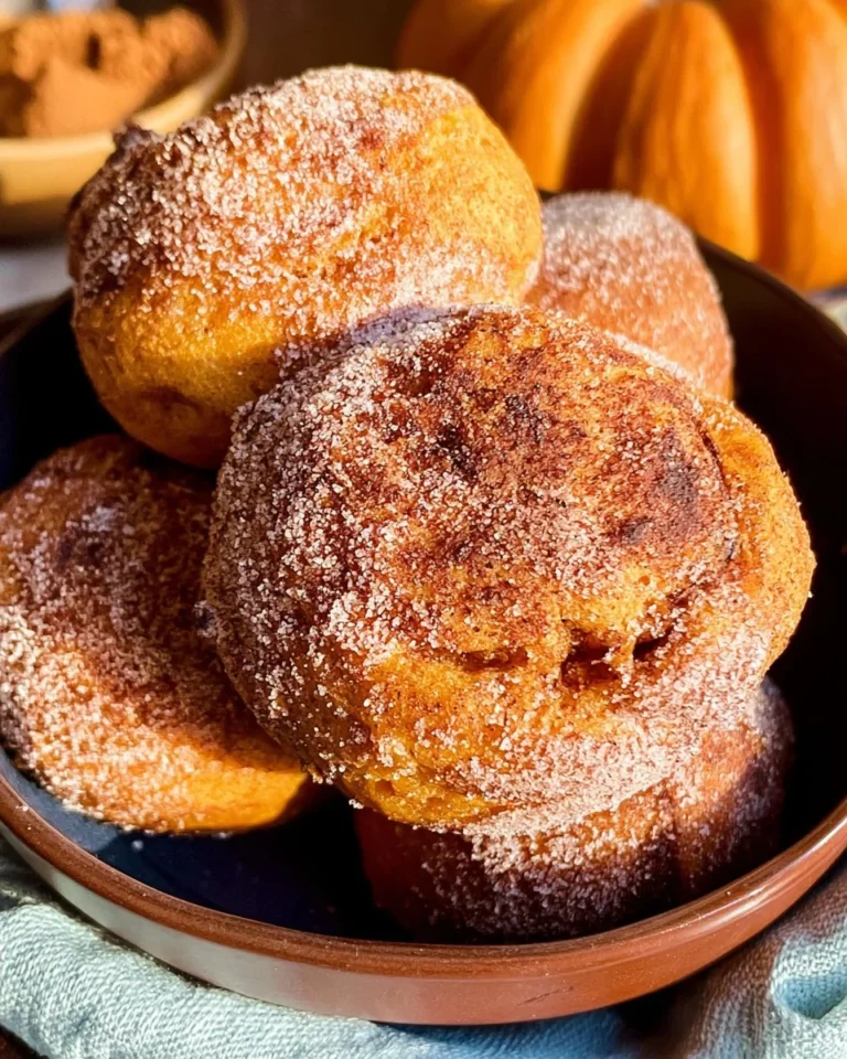 Air fryer pumpkin spice donut holes served on a plate with autumn decorations.