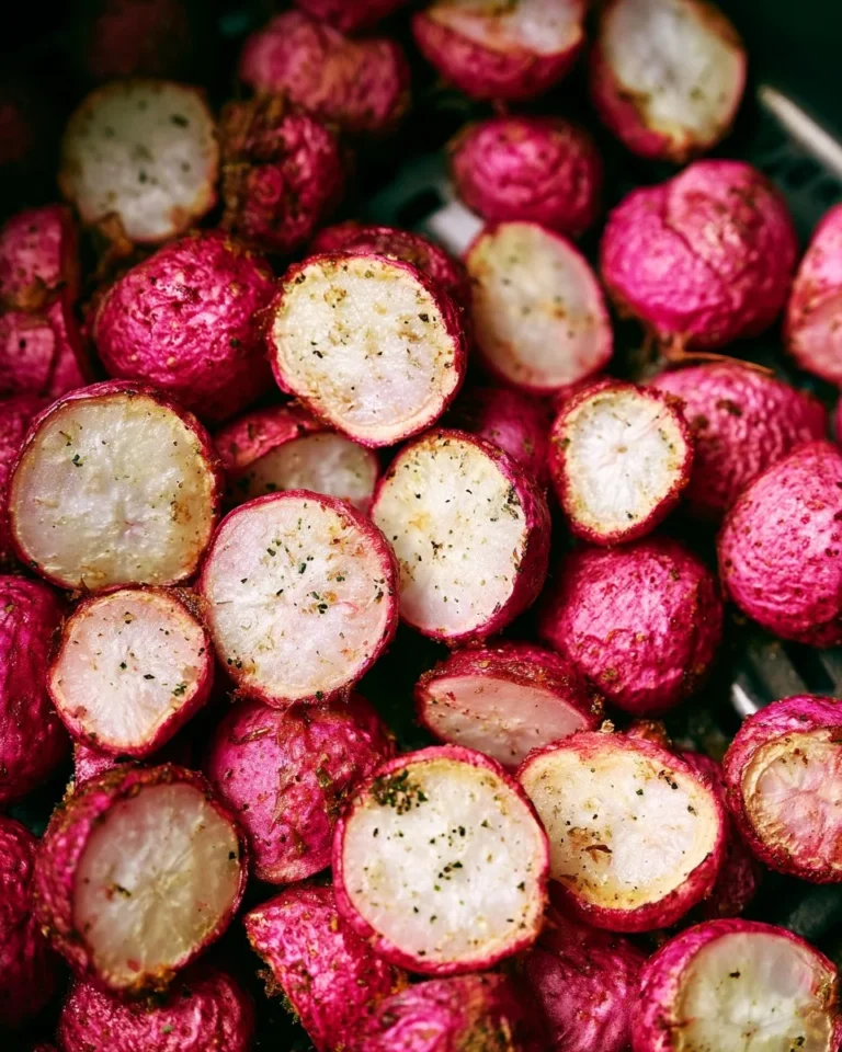 Crispy air fryer radishes served in a bowl with herbs