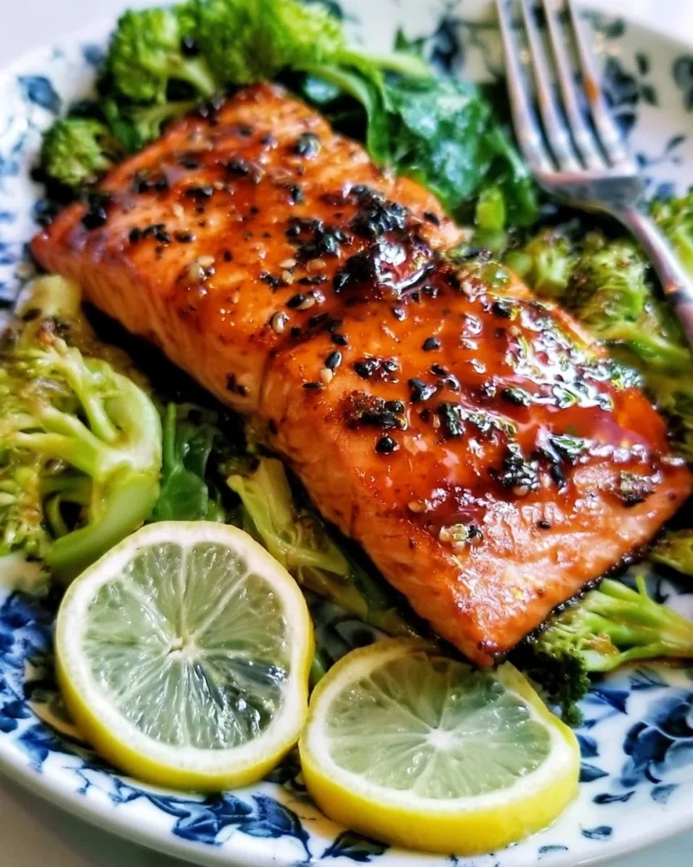 Air Fryer Salmon glazed with maple soy sauce, served on a plate.