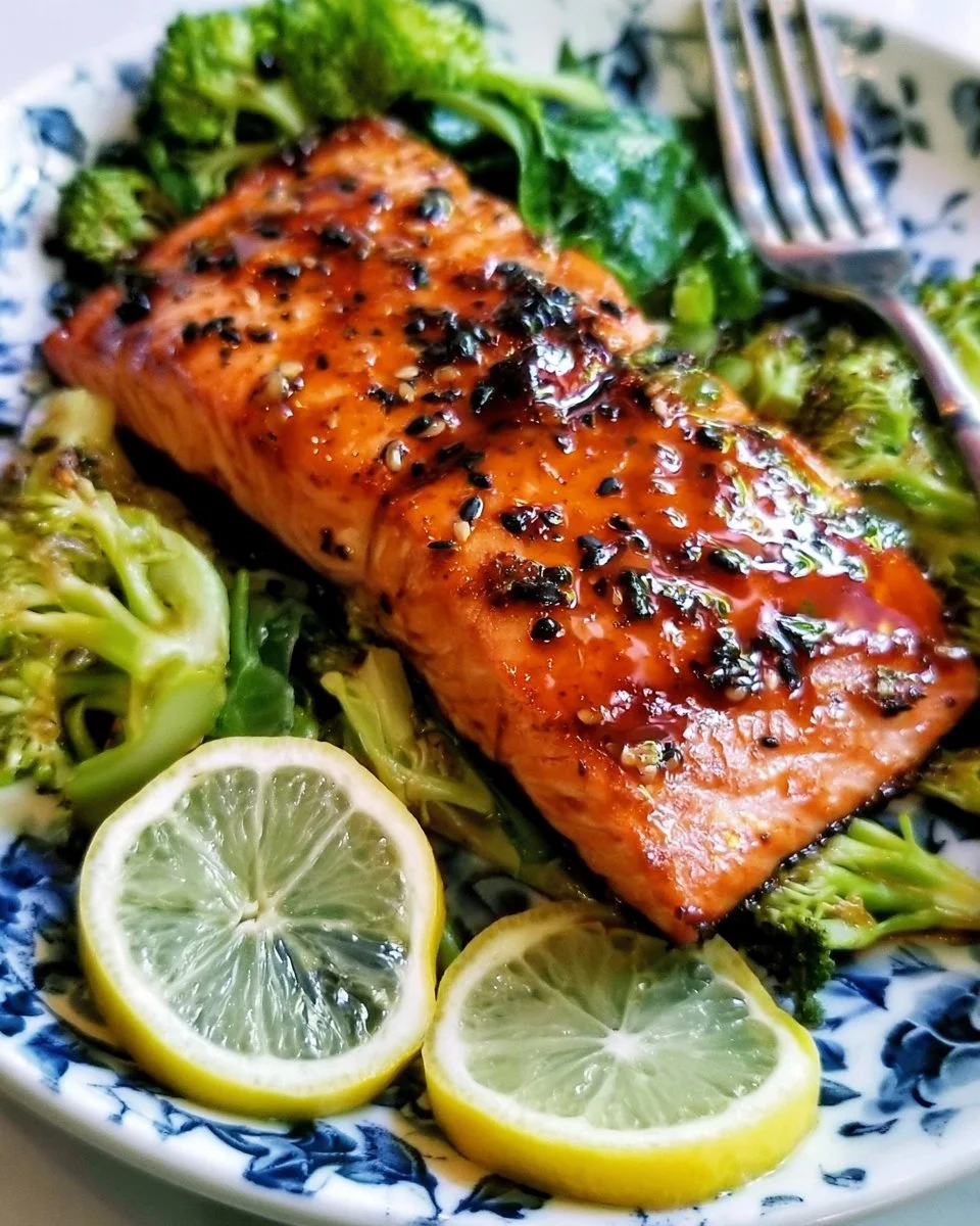Air Fryer Salmon glazed with maple soy sauce, served on a plate.