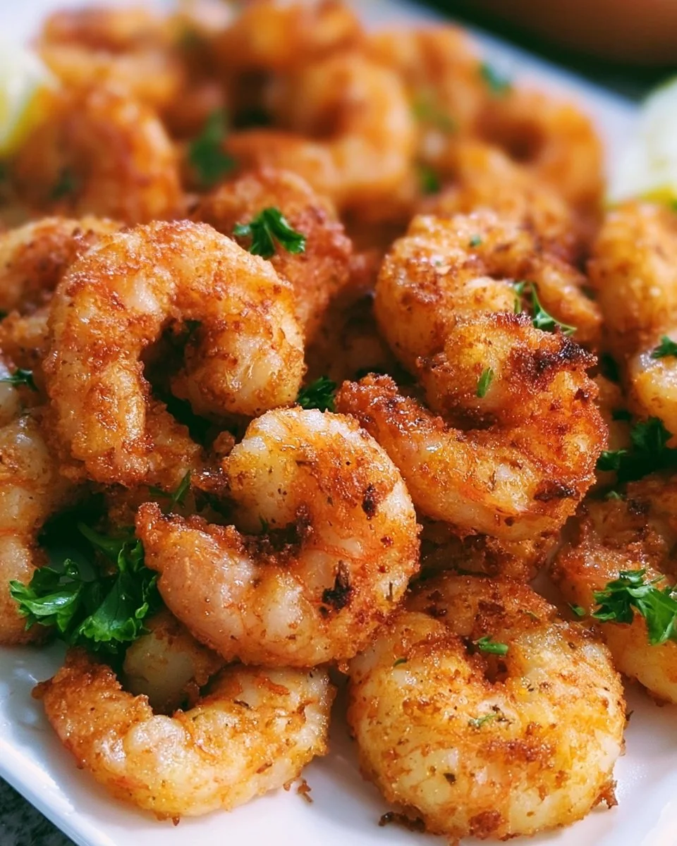 Crispy air fryer shrimp served with a dipping sauce.
