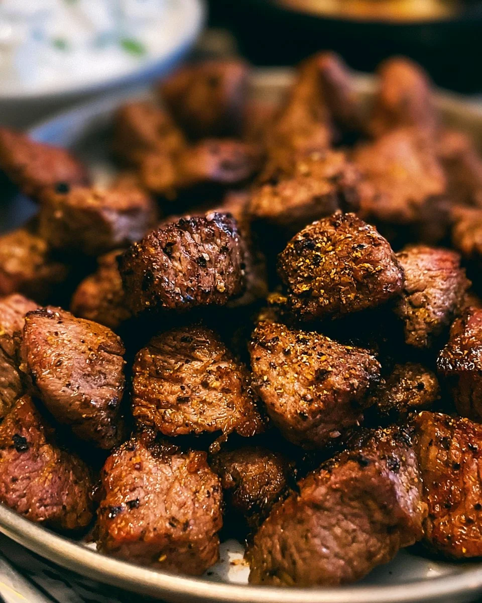 Juicy air fryer steak bites served on a plate with dipping sauce.