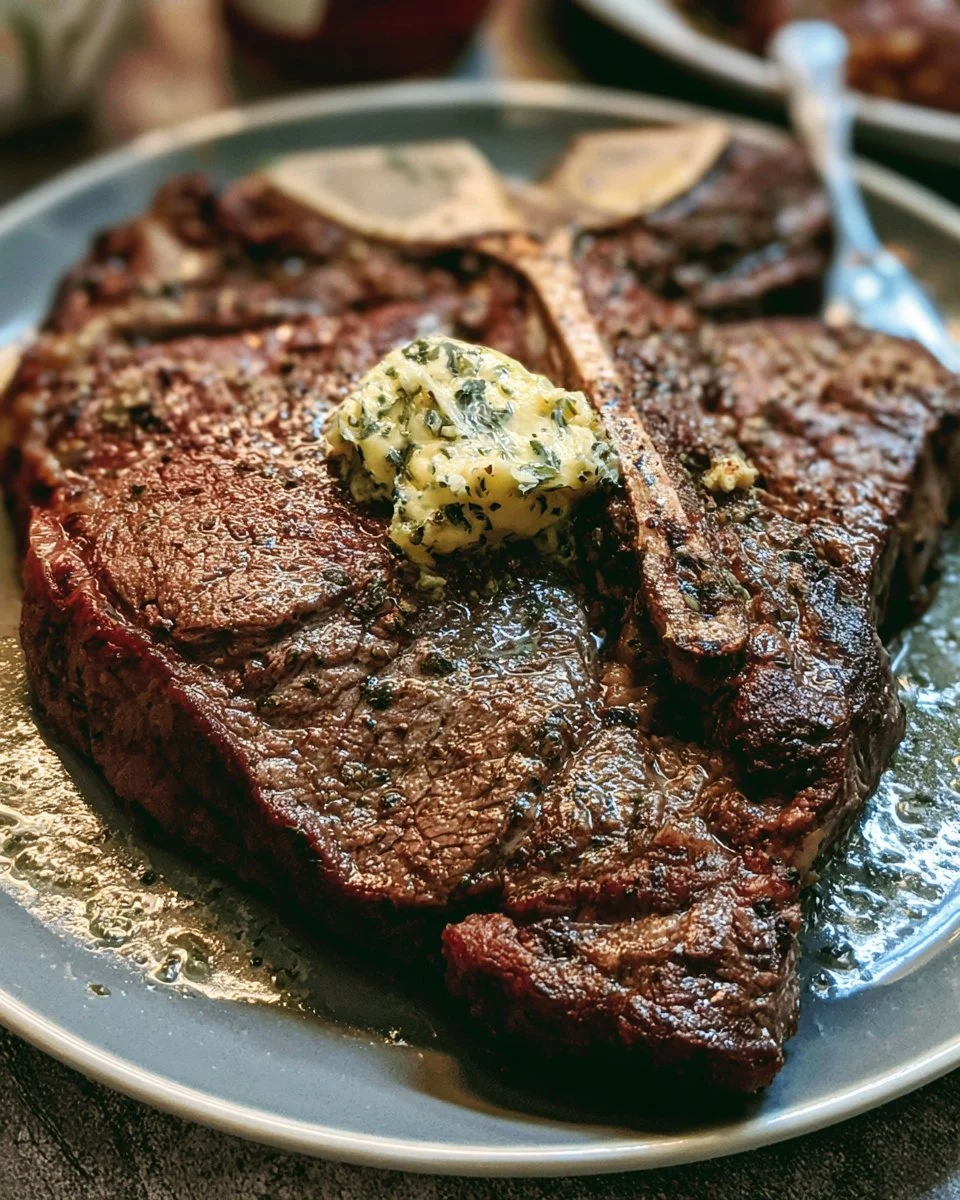 Delicious Air Fryer T-Bone Steak with Garlic Herb Butter served on a plate