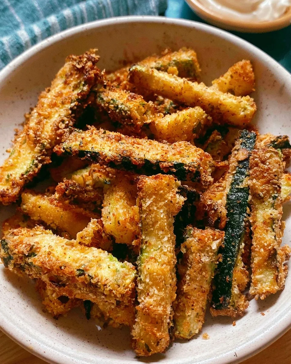 Crispy air fryer zucchini fries served on a plate with dipping sauce.