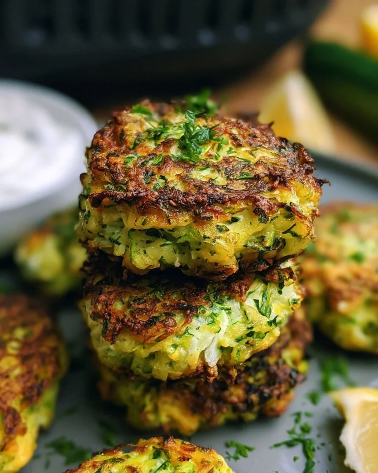 Crispy air fryer zucchini fritters served on a plate with dipping sauce