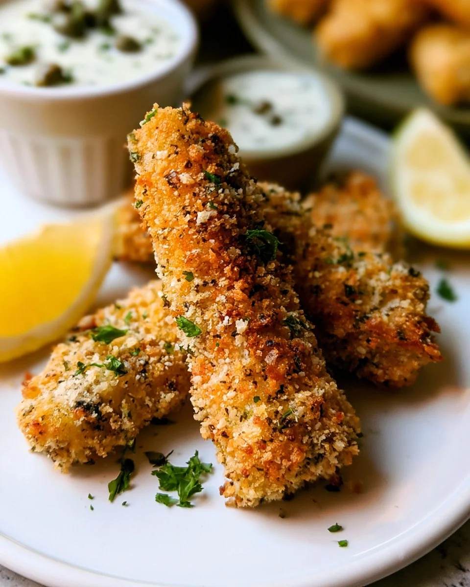 Plate of crispy baked fish sticks served with lemon caper sauce