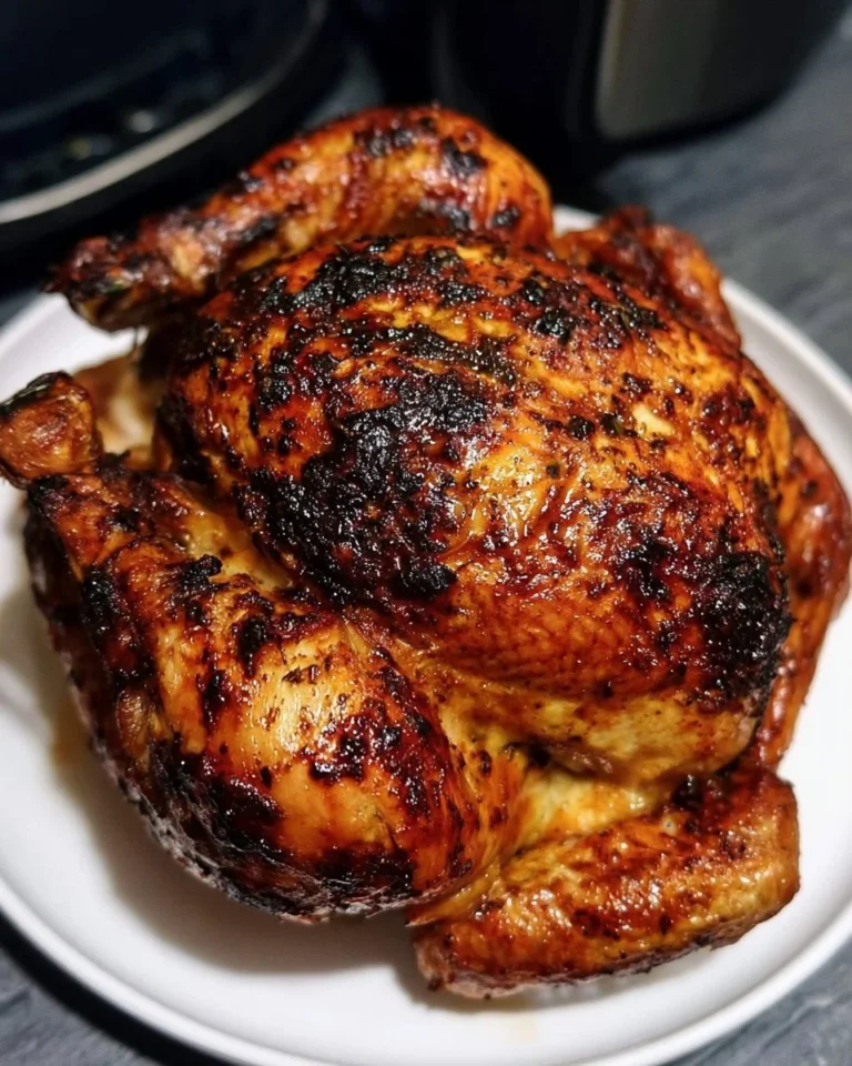 Delicious buttermilk marinated air fryer whole roasted chicken ready to serve