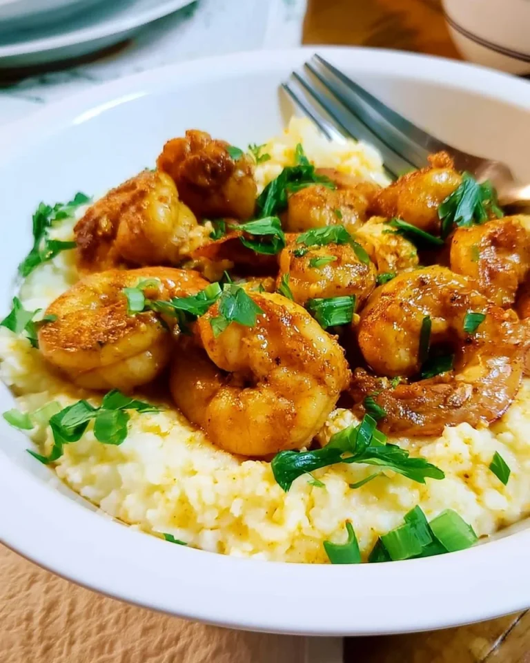 Cajun shrimp served on a bed of creamy cauliflower grits