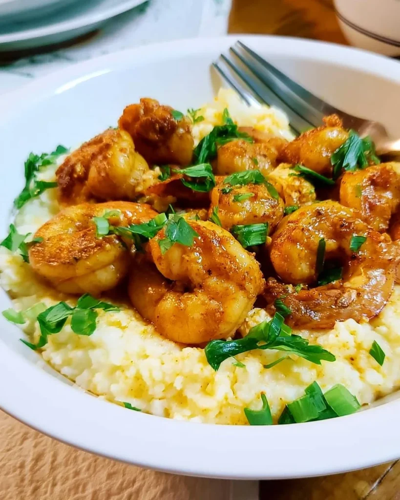 Cajun shrimp served on a bed of creamy cauliflower grits