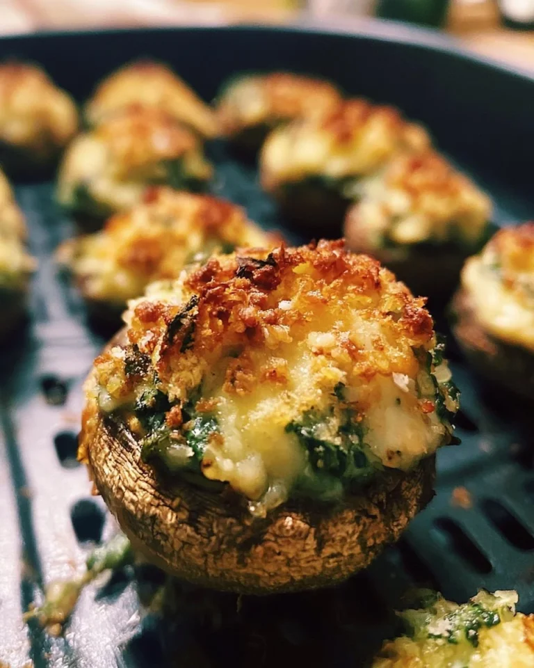 Cheesy spinach stuffed mushrooms made in air fryer, a tasty appetizer.