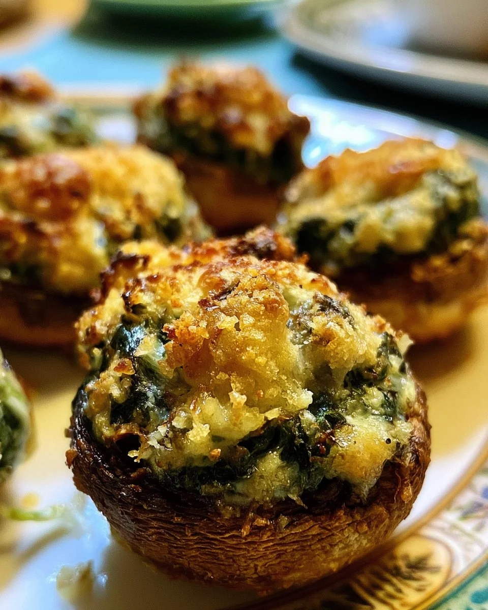 Cheesy spinach stuffed mushrooms cooked in an air fryer, ready to serve.