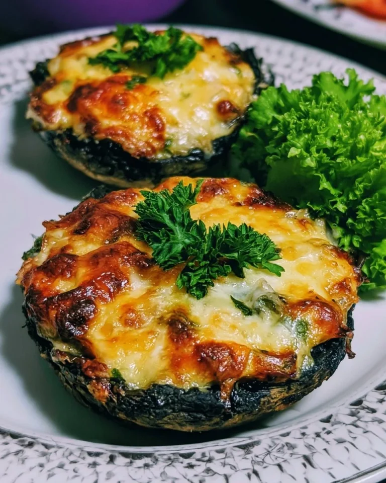 Cheesy stuffed portobello mushrooms cooked in an air fryer, plated and garnished.