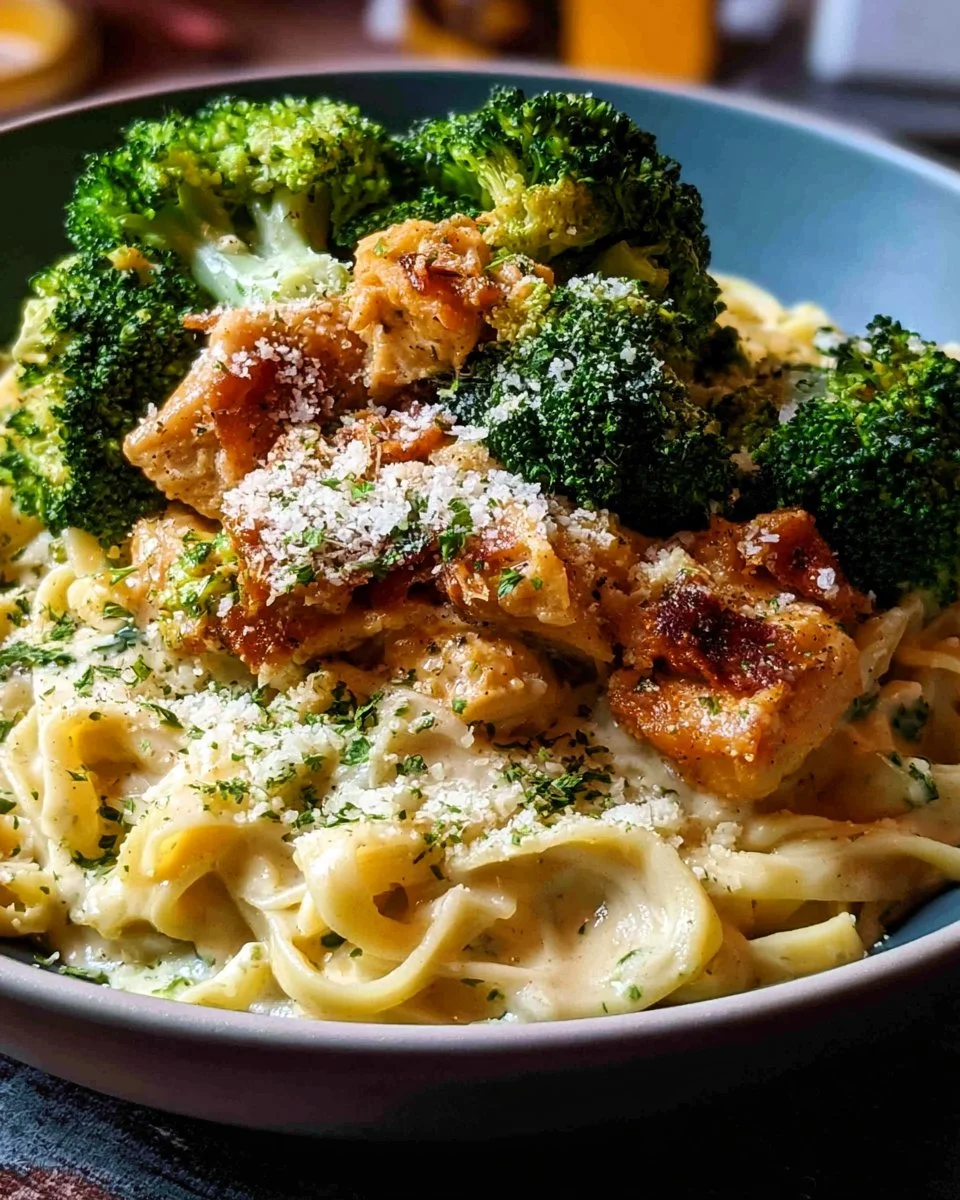 Delicious Chicken Broccoli Fettuccine Alfredo made in an Air Fryer