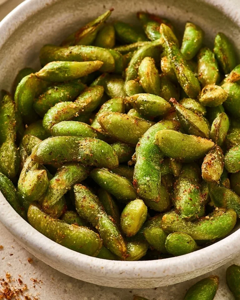 Crispy air fryer edamame prepared from frozen in 10 minutes