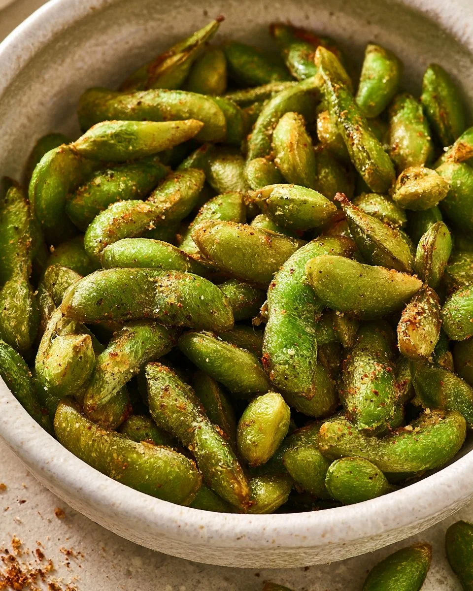 Crispy air fryer edamame prepared from frozen in 10 minutes