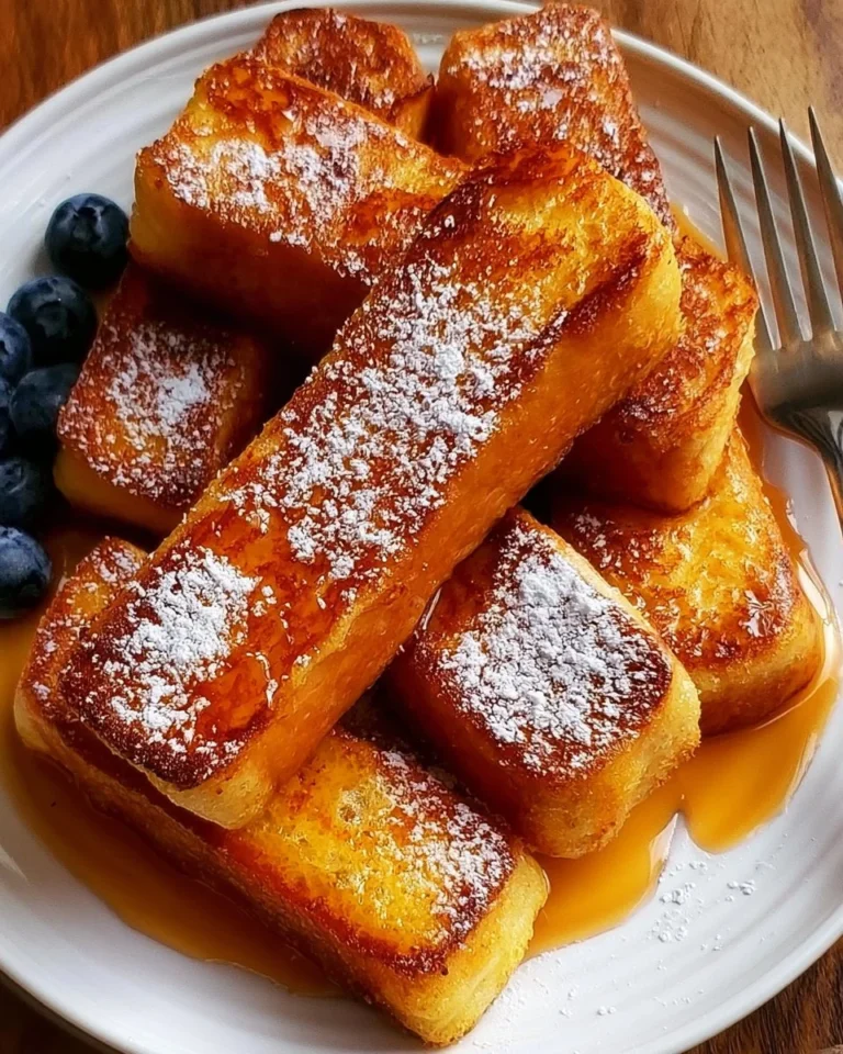 Crispy air fryer French toast sticks served with syrup and berries