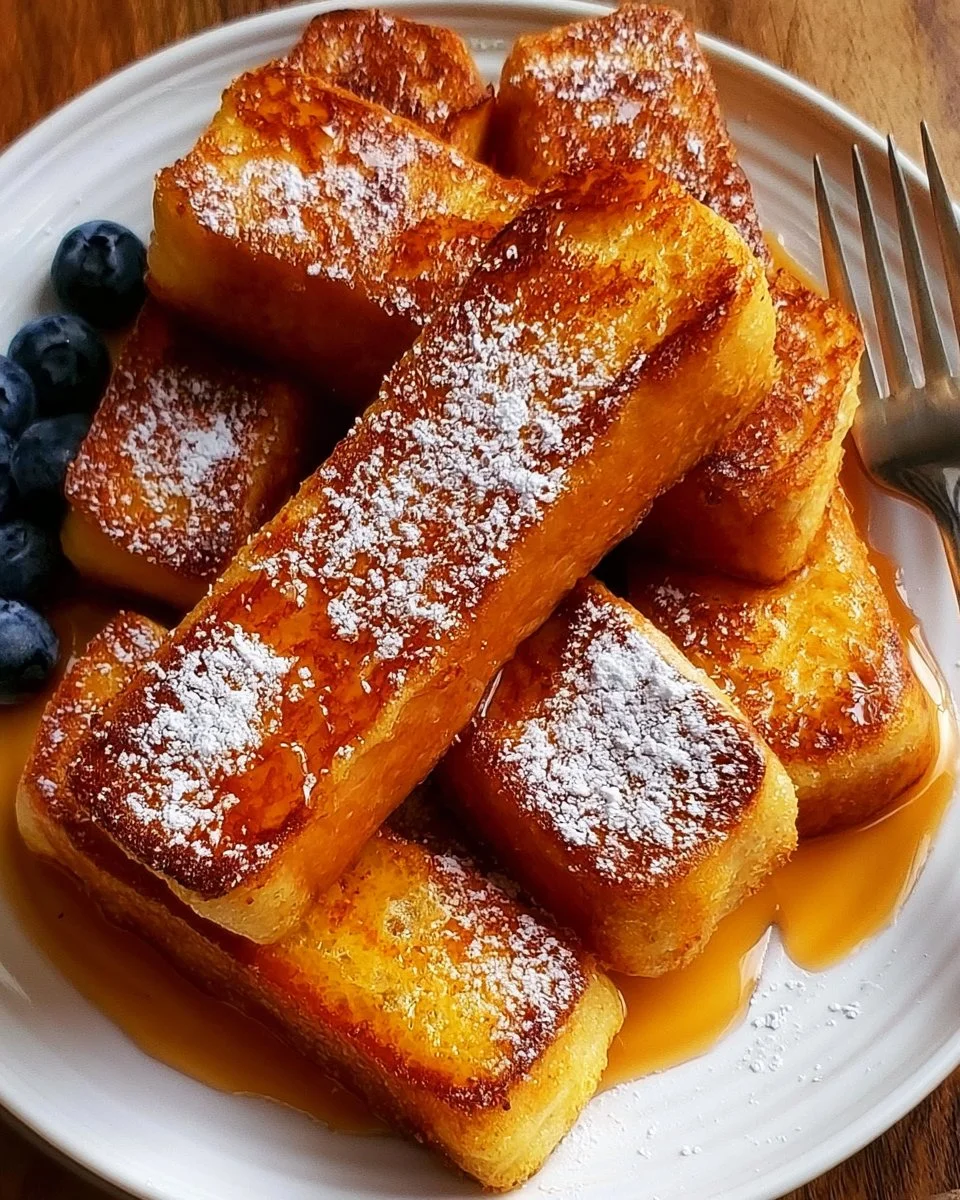 Crispy air fryer French toast sticks served with syrup and berries