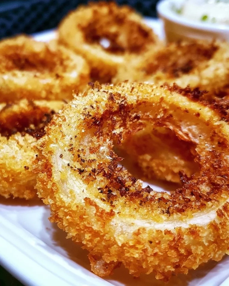 Crispy air fryer onion rings served on a plate with a dipping sauce.