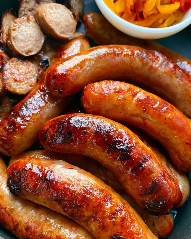 Plate of crispy air fryer sausage served with dipping sauce.